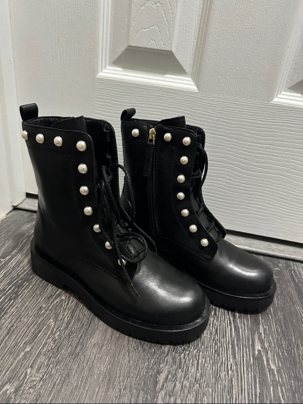 Twinset Milano‎ Black Pearl-Trim Lace-Up Combat Boots